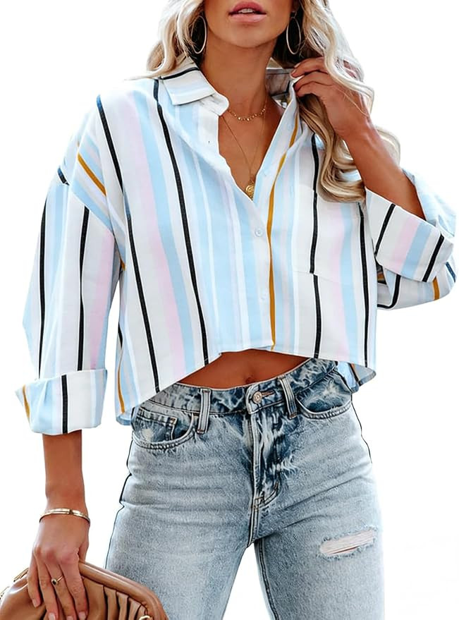 Tankaneo Womens Button Down Cropped Shirts Long Sleeve Crop Tops Blouses | Casual, Solid, Lapel B... | Amazon (US)