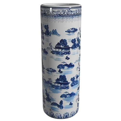 Oriental Furniture 20" Landscape Blue & White Porcelain Umbrella Stand | Amazon (US)