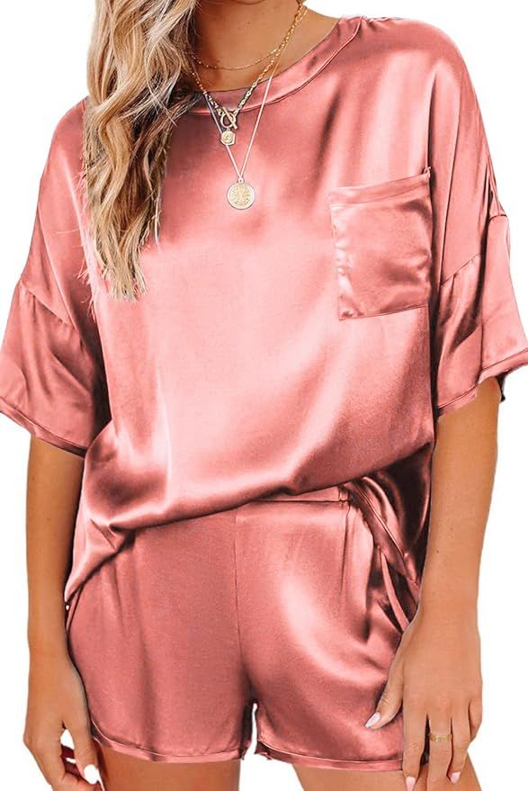 Ekouaer Satin Pajamas for Women Short Sleeve Silk Pajama Sets Soft Sleepwear Top with Causal Pj S... | Amazon (US)