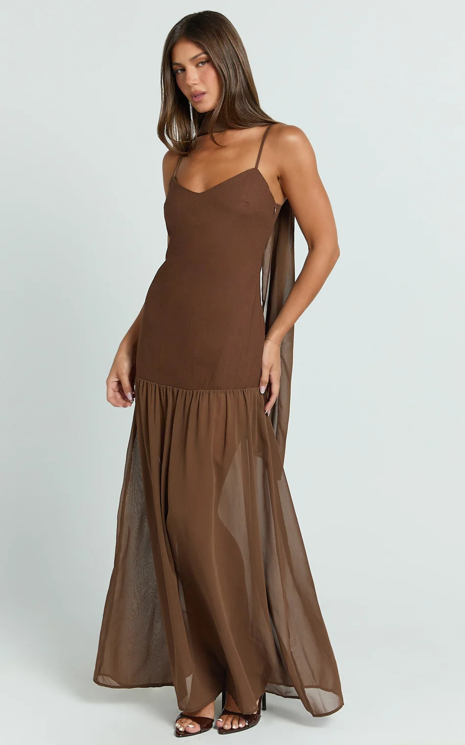 Linen Look Contrast Georgette Skirt with Neck Scarf in Chocolate | Showpo (US, UK & Europe)