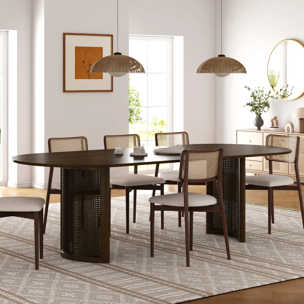 30"H\u00d733.5"D Oval Wood Dining Table Kitchen Table with Rattan Double Pedestal | Wayfair North America