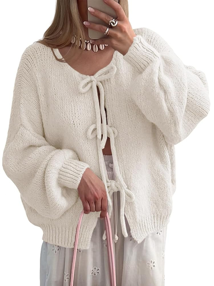 UNCLECAT Womens Bow Tie Front Cardigan Sweaters Oversized Fall Open Front Cardigans Cute Loose Kn... | Amazon (US)