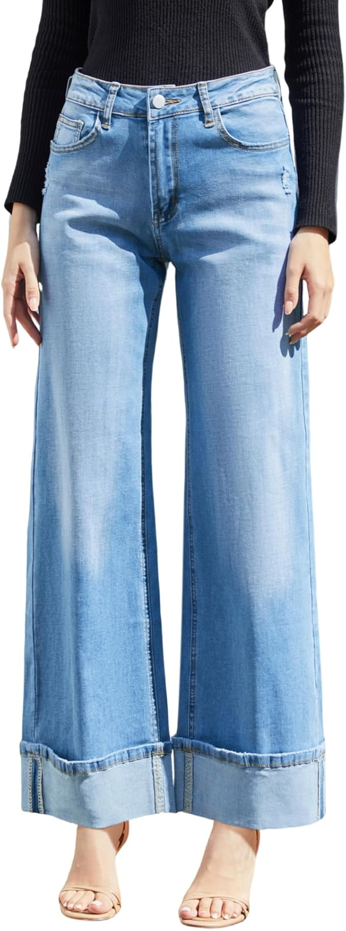 Women's Wide Leg Sweatpant Jeans High Waisted Stretchy Cuffed Baggy Denim Pants | Amazon (US)