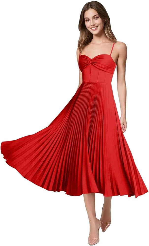 A-Line Satin Bridesmaid Dresses for Women Pleated Tea Length Spaghetti Straps Corset Wedding Gues... | Amazon (US)