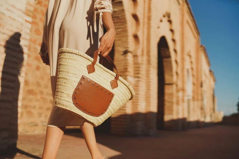 Medium straw basket bag, Handwoven moroccan beach basket bag , straw basket bag with Black Leathe... | Etsy (US)