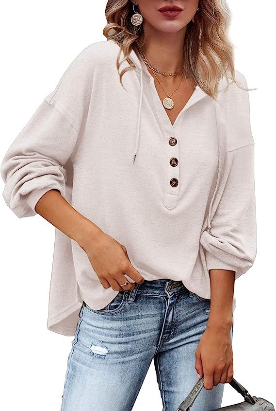 Tutorutor Women's Long Sleeve Deep V Neck Henley Shirts Button Down Drawstring Sweatshirt Hoodies... | Amazon (US)