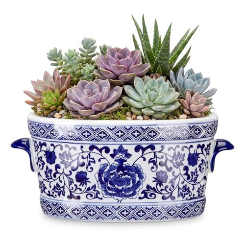 LemonRoad Blue and White Ceramic Planter Pot 14 x 7.7 x 6.1 inches Porcelain Vintage Floral Oval Cachepot Vase Chinoiserie Decor for Indoor Plants Flowers Succulents Home Living Room (Classic Style) | Amazon (US)