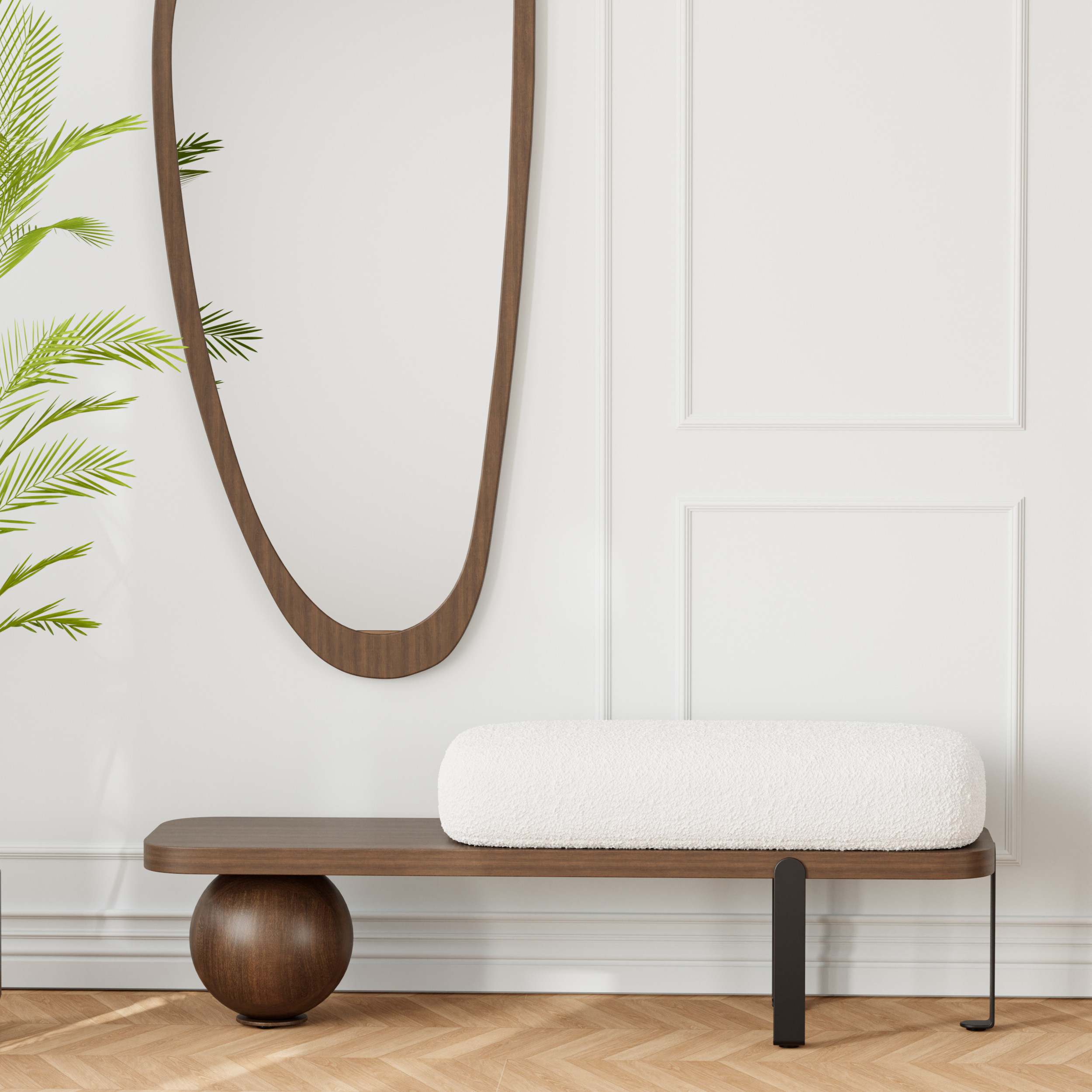 Ball design Entryway Bench Wooden Furniture with Abstract Metal Legsin White & Gold (47.2"" Wide) | Homary