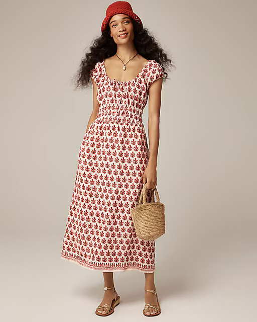 Cap-sleeve midi dress in block-print linen | J. Crew US