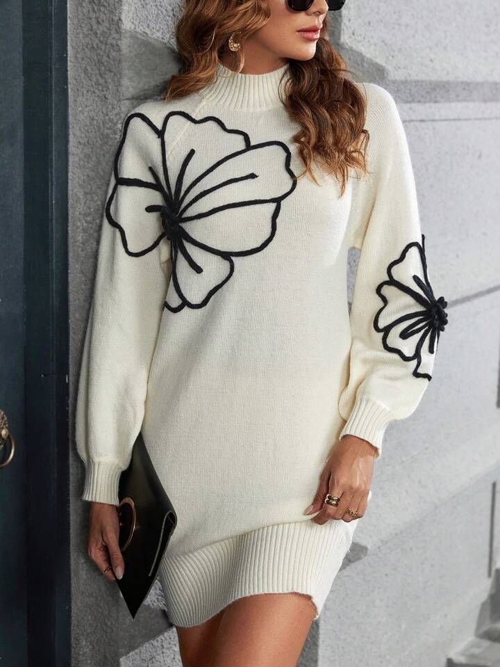 SHEIN Clasi Floral Pattern Mock Neck Sweater Dress | SHEIN