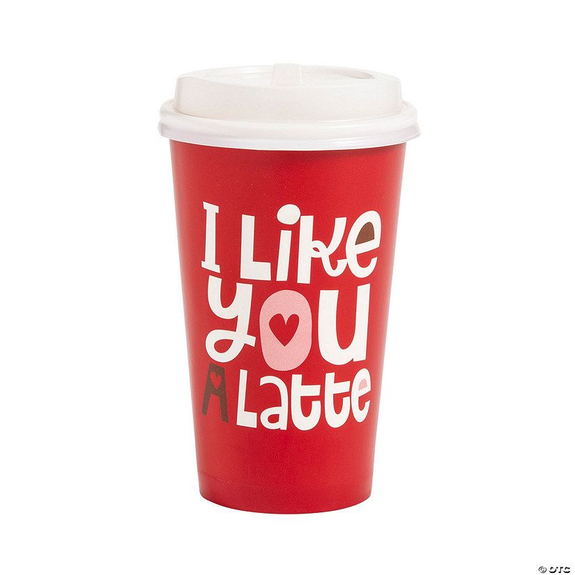 16 oz. Valentine I Like You a Latte Disposable Paper Coffee Cups with Lids - 12 Ct. | Oriental Trading Company