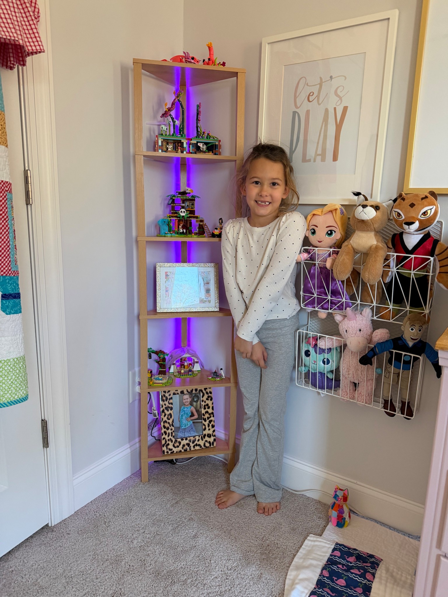 She needed a little spot to display her Legos she works so hard on. It comes with a cool light that you can change colors! 

Girls room. Kids room organization. 
Lego kid. Tidy up. Organize. Wood corner storage. Wood corner shelf. 
Home solutions. 

#LTKHome #LTKKids #LTKFindsUnder100