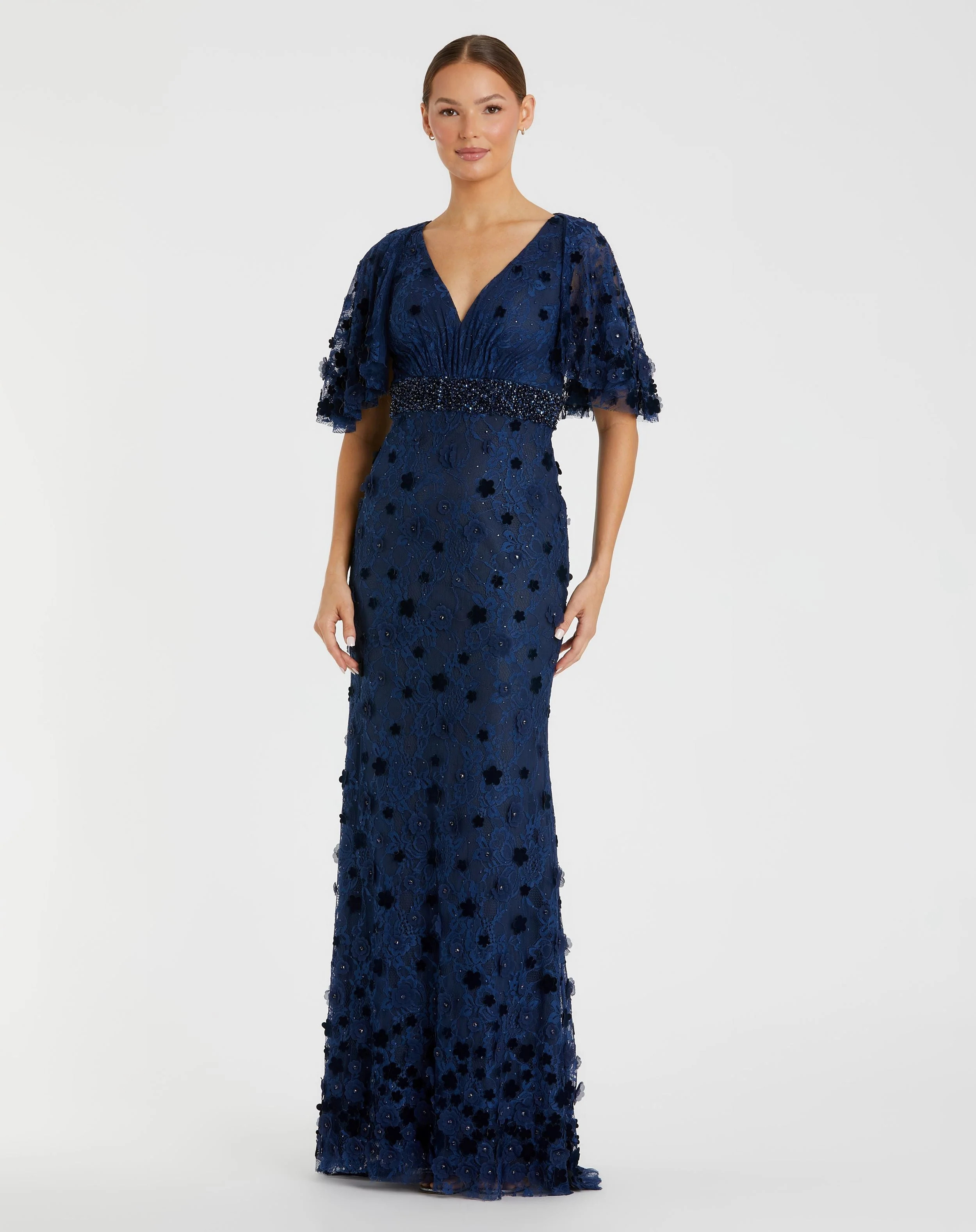 Navy Flutter Sleeve Embellished Lace Gown | Mac Duggal | Mac Duggal