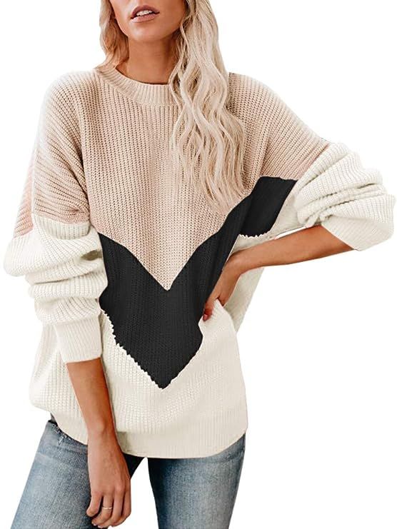 Soulomelody Womens Oversized Sweaters Crewneck Batwing Long Sleeve Chevron Color Block Fall Knit ... | Amazon (US)