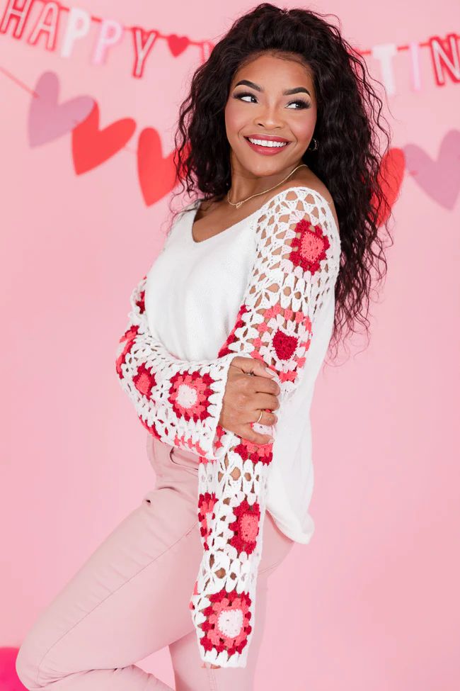 Hello Lover Pink And Ivory Crochet Heart Sleeve Sweater FINAL SALE | Pink Lily
