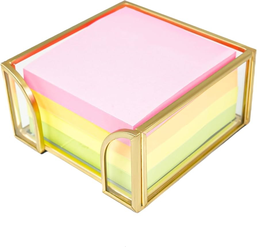Sticky Note Holder Glass Post It Note Dispenser, 3 x 3 Inch Gold Sticky Note Dispenser, Stylish P... | Amazon (US)