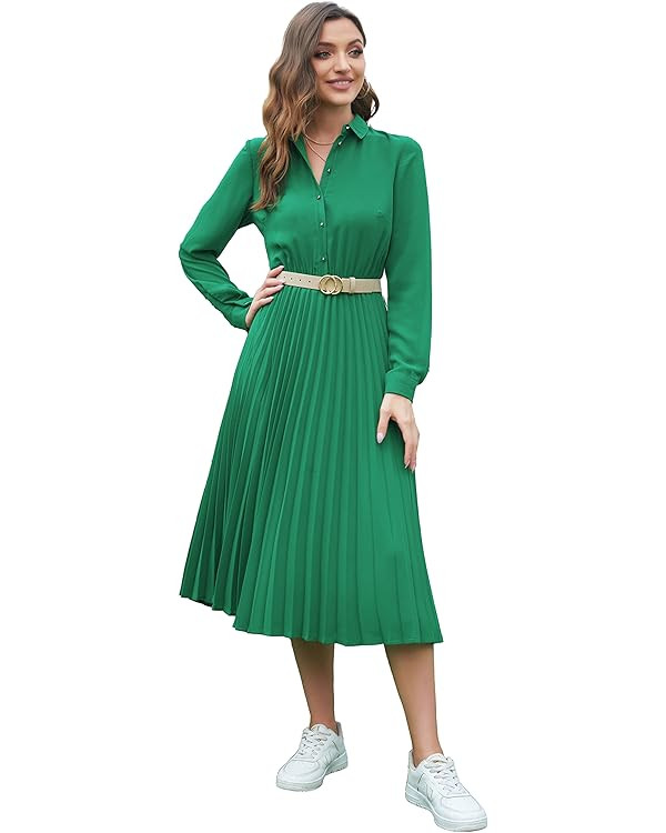 Business Casual Shirt Dress for Women Long Sleeves Pleated Midi Dresses with Belt | Amazon (US)