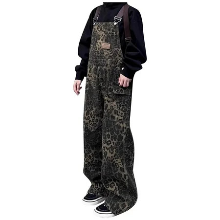 Riforla Women s Retro Street Style Leopard Print Pocket Overalls Casual Loose Fit Wide Leg Pants for Spring/Fall Jumpsuits for Women Coffee L | Walmart (US)