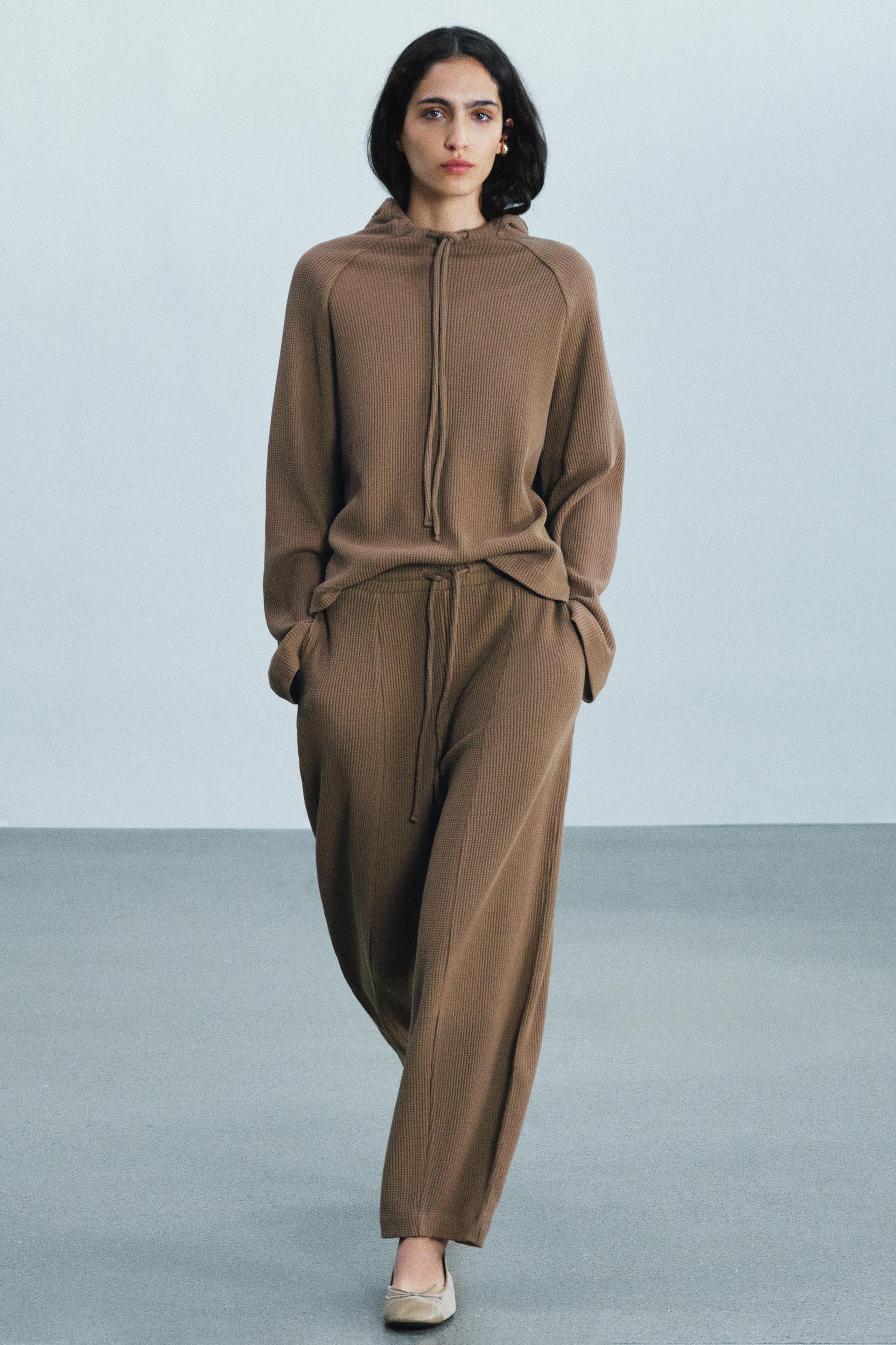 Zara - Wide-Leg Waffle Pants - Brown / Taupe - S - Woman | Zara US