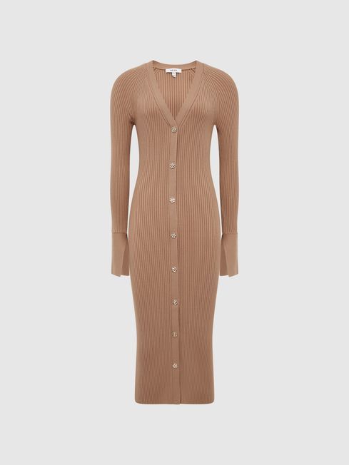 Reiss Camel Avery Rib-Knitted Midi Dress | Reiss UK