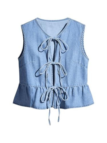 SHENHE Women's Y2k Tie Front Denim Vest V Neck Ruffle Hem Sleeveless Peplum Jean Top Shirt | Amazon (US)