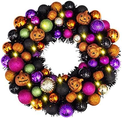 Amazon.com: 16 Inch Halloween Ball Wreath with Lights Pumpkin Ornament Garland Decoration for Fes... | Amazon (US)