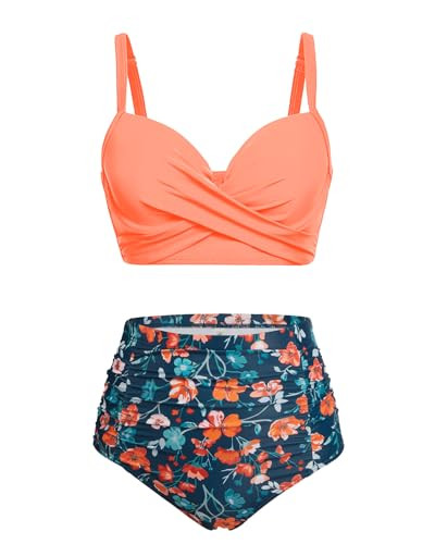 Yonique Women Underwire Bikini Set High Waisted Tummy Control Swimsuit 2 Piece Push Up Bathing Suit Orange Flowers M | Amazon (US)