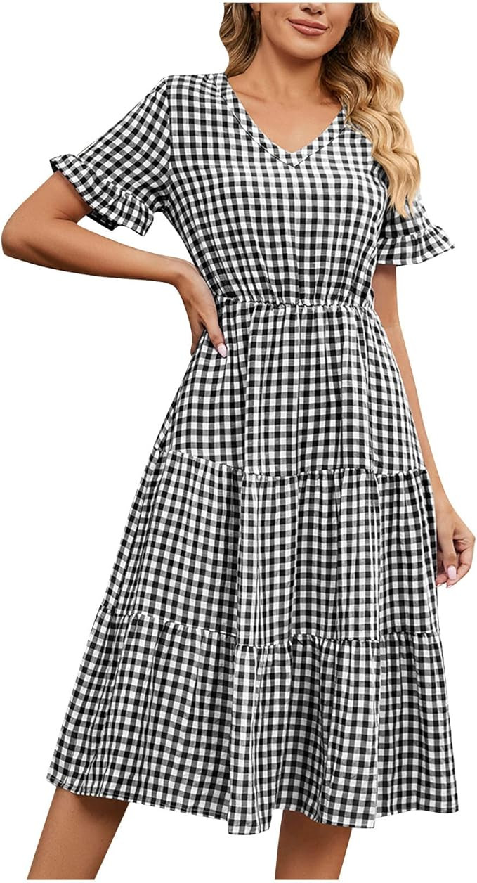 SMIDOW Summer Casual Gingham Long Dress for Women 2023 Fashion Short Sleeve v Neck Elastic Waist ... | Amazon (US)