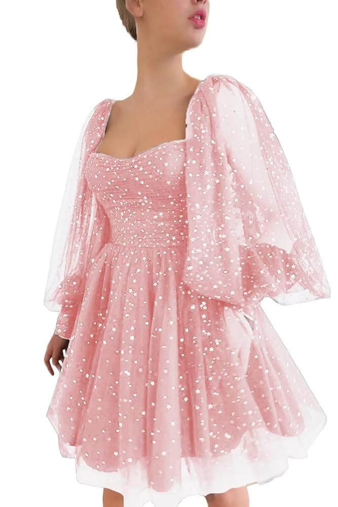 Xijun Sparkle Starry Tulle Homecoming Dress for Teens Puffy Sleeve Prom Dress Formal Evening Gown... | Amazon (US)
