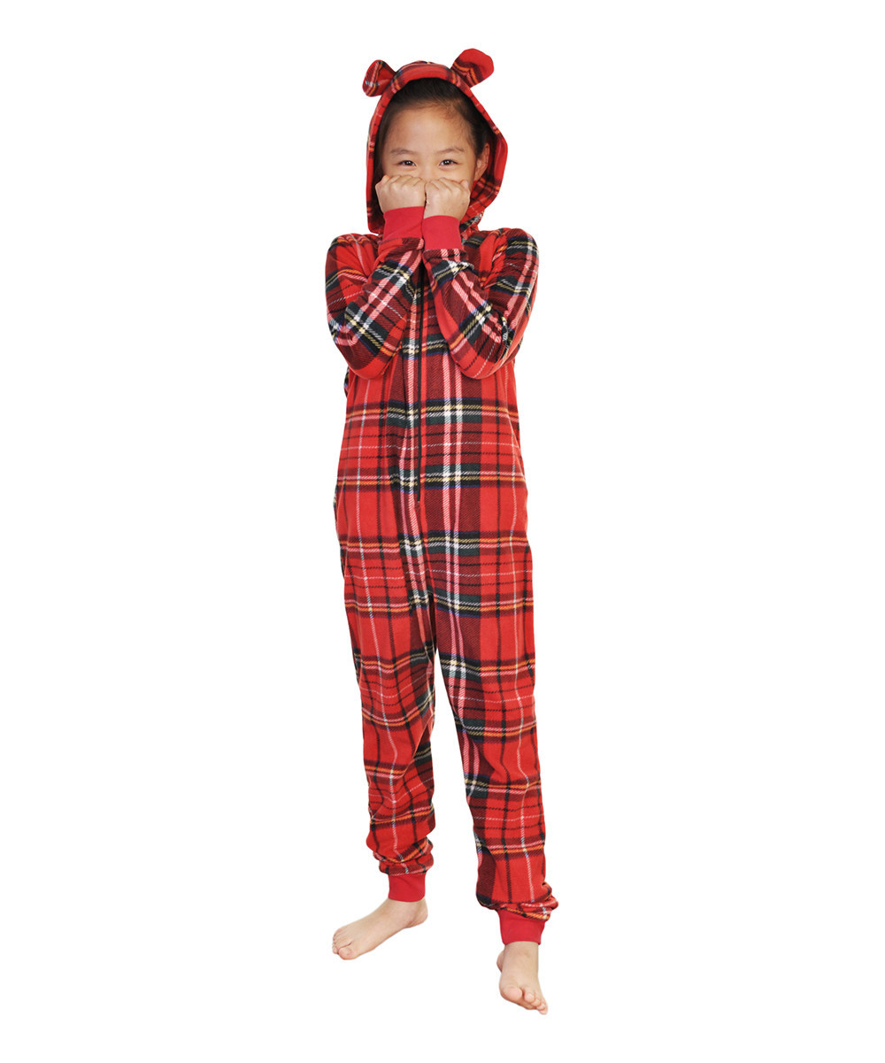 Angelina One-Piece Pajamas Christmas - Red & Black Plaid Hooded Angelina One-Piece Pajama | Zulily