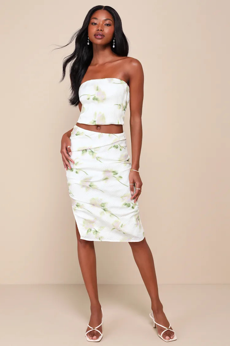 Enviable Sweetness Ivory Floral Wavy Pleated Midi Skirt | Lulus