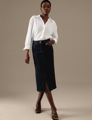 Denim Button Front Midaxi A-Line Skirt | Autograph | M&S | Marks & Spencer (UK)