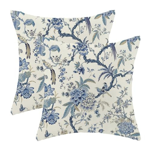 CXMEIFLY Spring Floral Birds Pillow Covers 18 x 18 Inch Set of 2 for Chinoiserie Flowers Decor Throw Pillows Blue and White Plant Outdoor Decorative Cushion Cases for Couch Bed Decorations | Amazon (US)