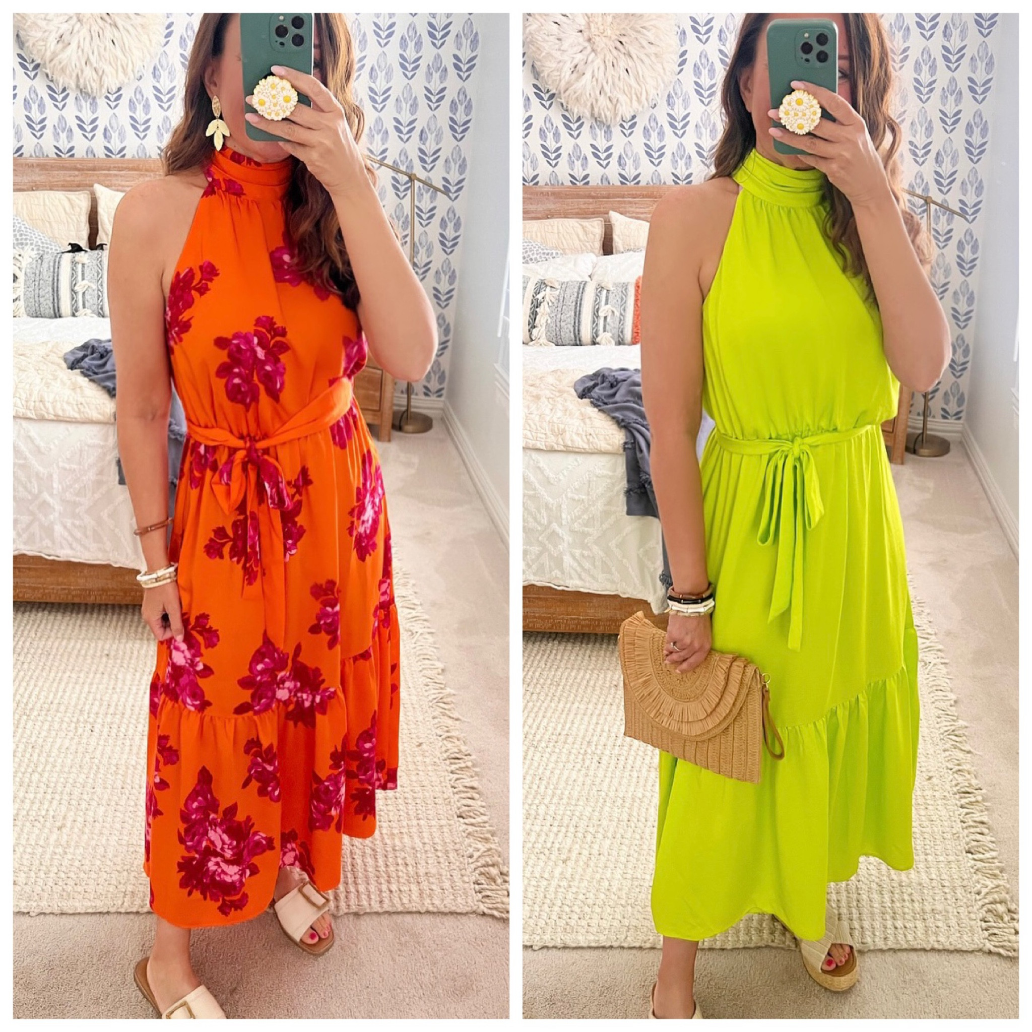 Love this colorful scoop dress that ties at the neck and waist! Wearing a small. 