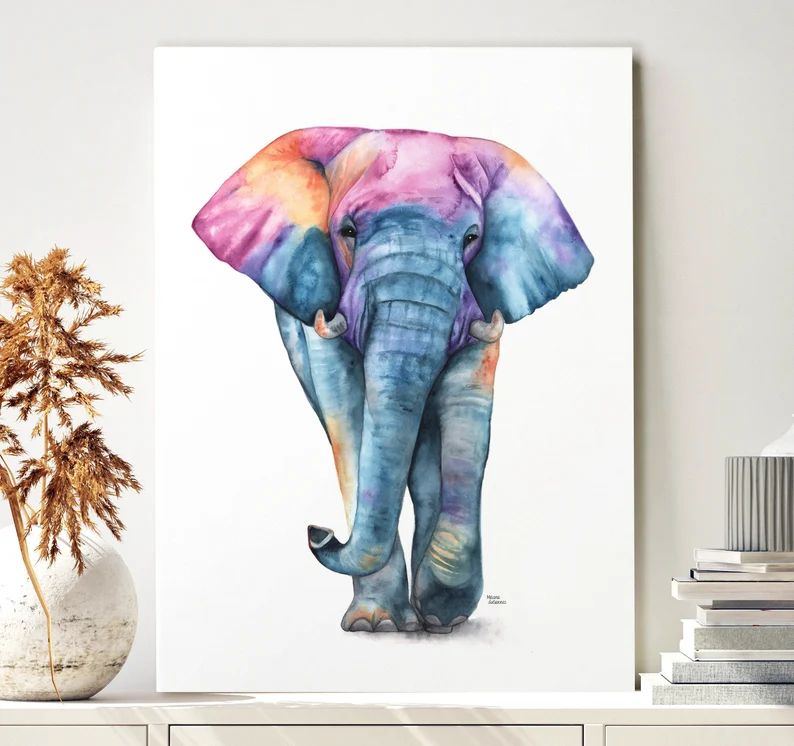 Elephant Canvas Wall Art, Watercolor Painting, Colorful Elephant Art Print, Zoo Animals, Art Prin... | Etsy (US)