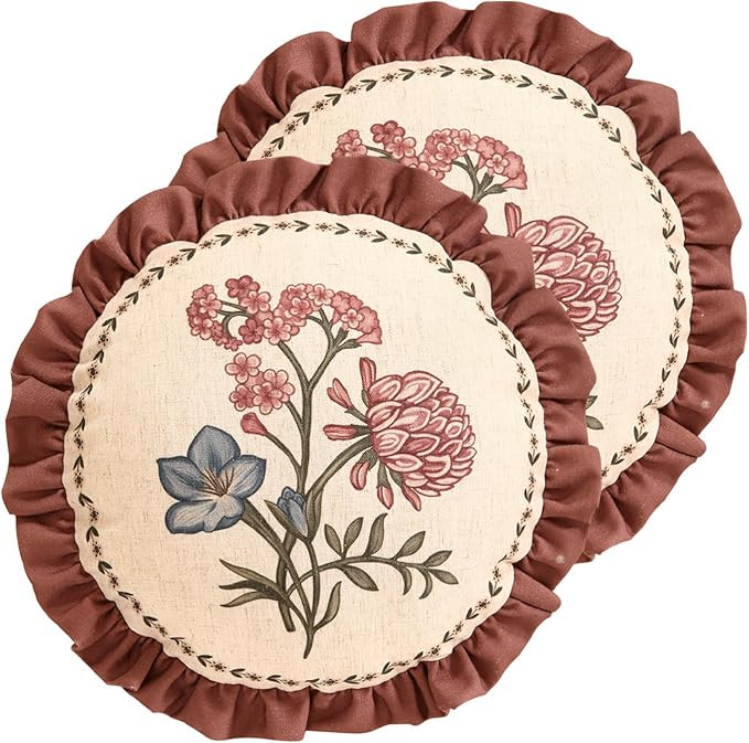 ISAENNE Design Linen Vintage Throw Pillow Covers Diameter 16" Pack of 2, Round Cushion Covers wit... | Amazon (US)