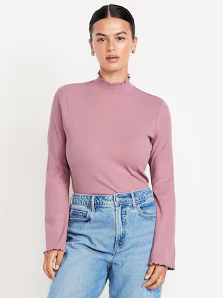 Mock-Neck Lettuce-Edge Rib Top | Old Navy (US)