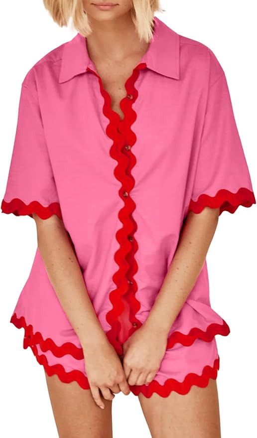 loveimgs Women's 2 Piece Outfits Lounge Sets Short Sleeve Button Down Shirt and Shorts Sleepwear ... | Amazon (US)