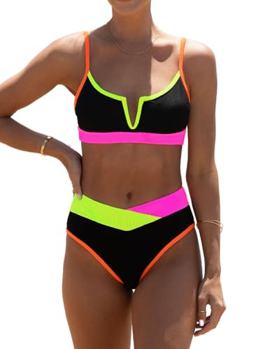 popvil Neon Swimsuits for Women Black Color Block High Waisted Bikini Sets Two Piece V Neck Bathing Suits | Amazon (US)
