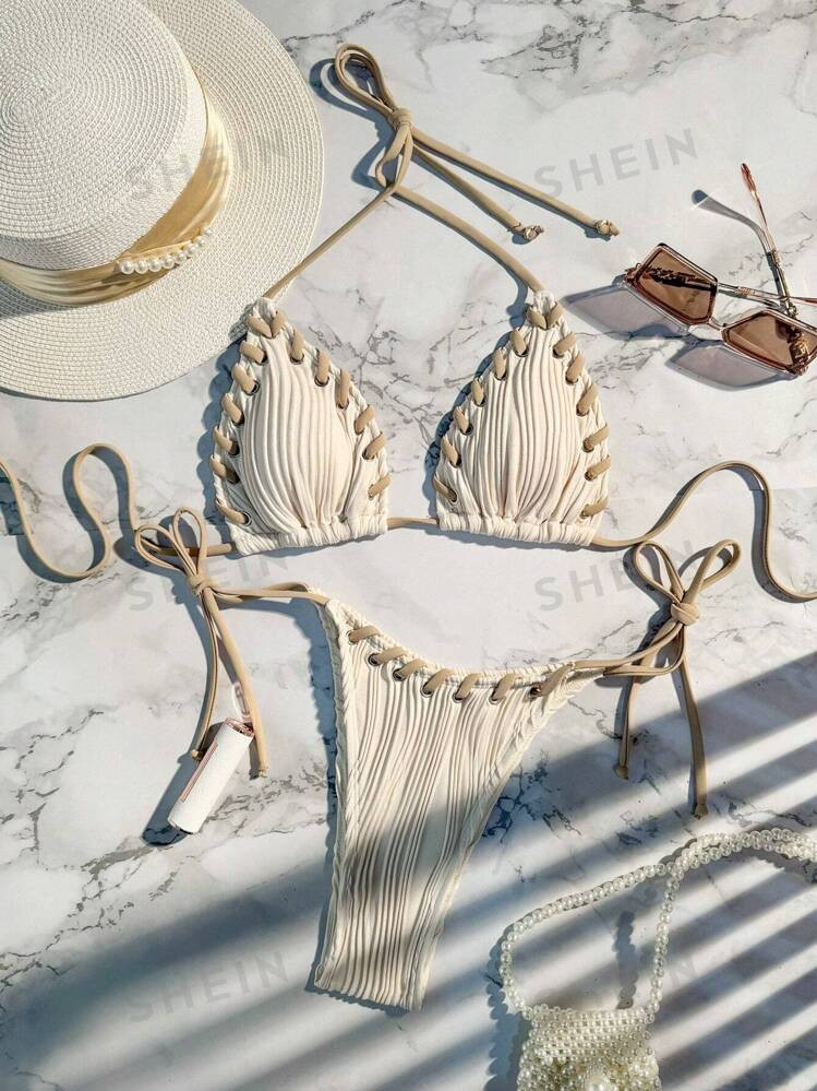 SHEIN Swim Summer Beach Ladies' Color Block Halter Neck Separate Bikini Set With Rope Detailing M... | SHEIN