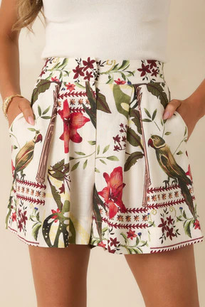 Aylaya Andrea Deep Red & Moss Green Multi Tropical Print Shorts | Red Dress