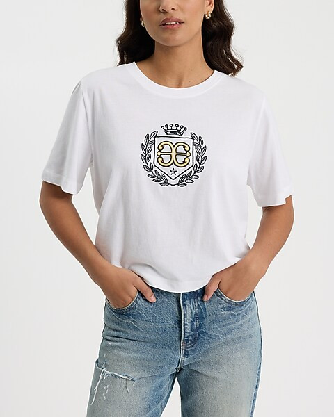 Embroidered Graphic Crew Neck Cropped Boyfriend Tee | Express