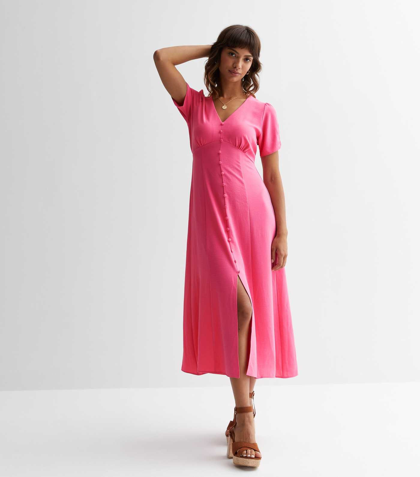 Bright Pink Button Front Midaxi Dress
						
						Add to Saved Items
						Remove from Saved Ite... | New Look (UK)