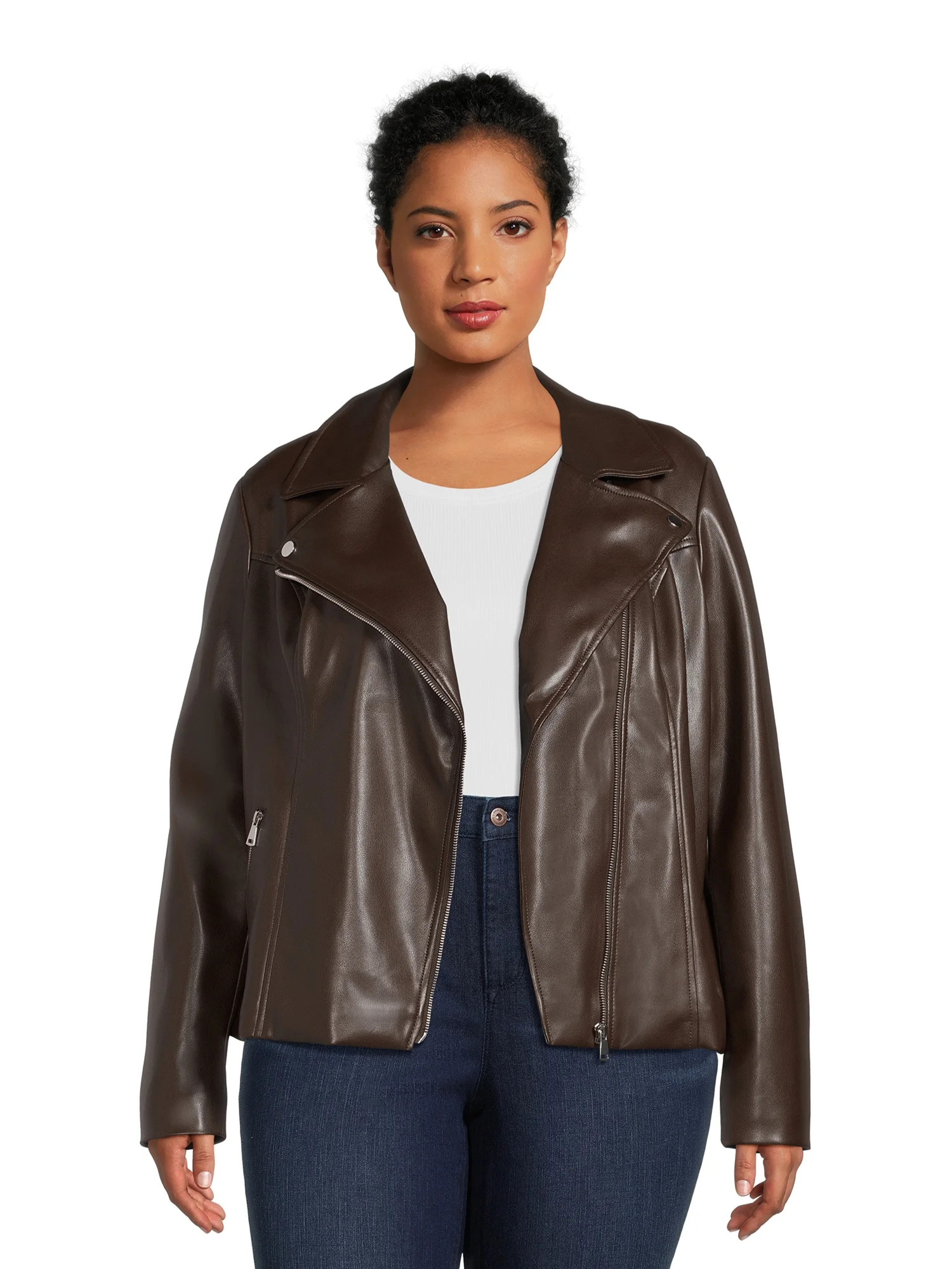Time and Tru Women's Asymmetrical Faux Leather Jacket - Walmart.com | Walmart (US)