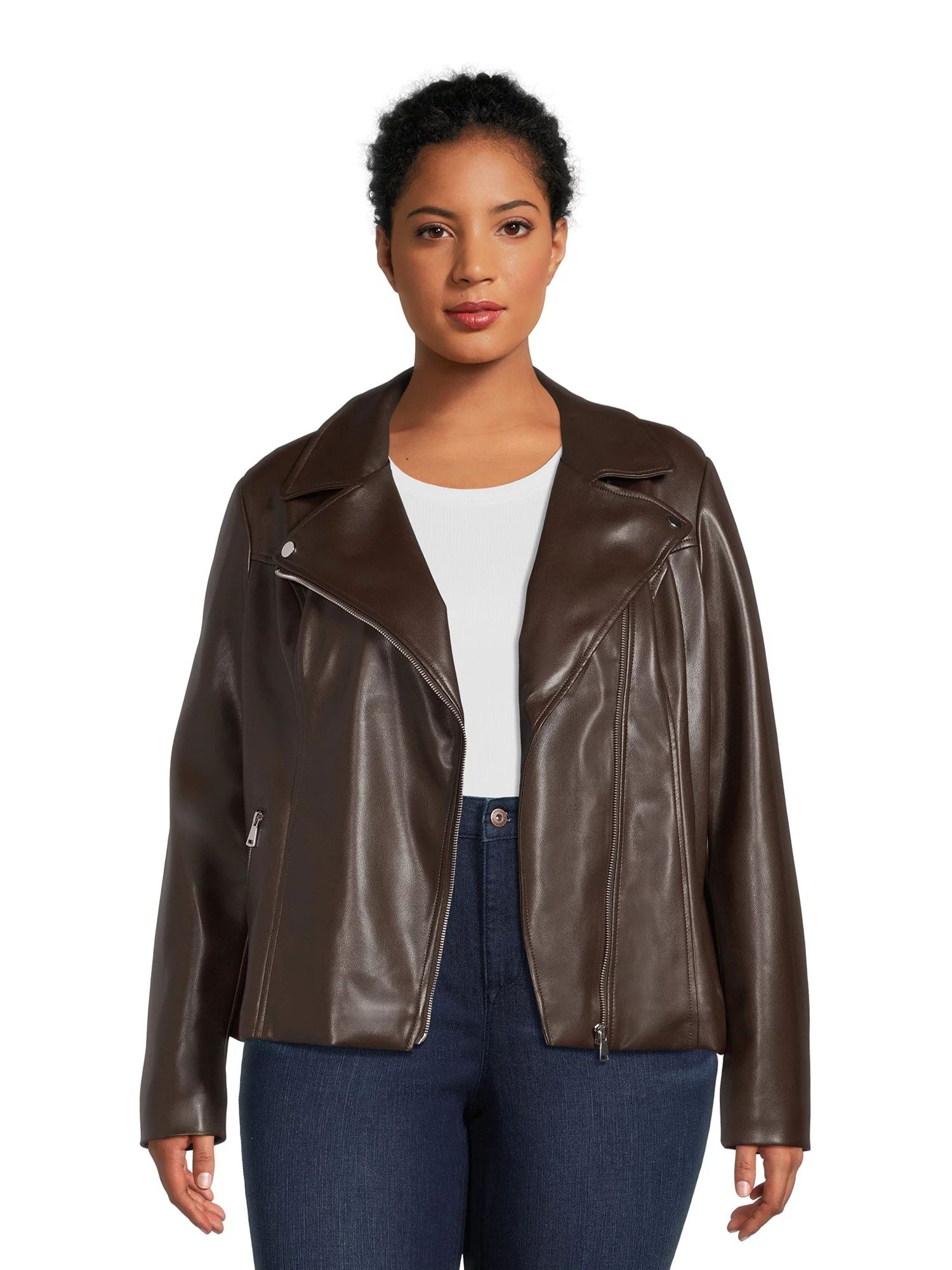 Time and Tru Women's Asymmetrical Faux Leather Jacket | Walmart (US)