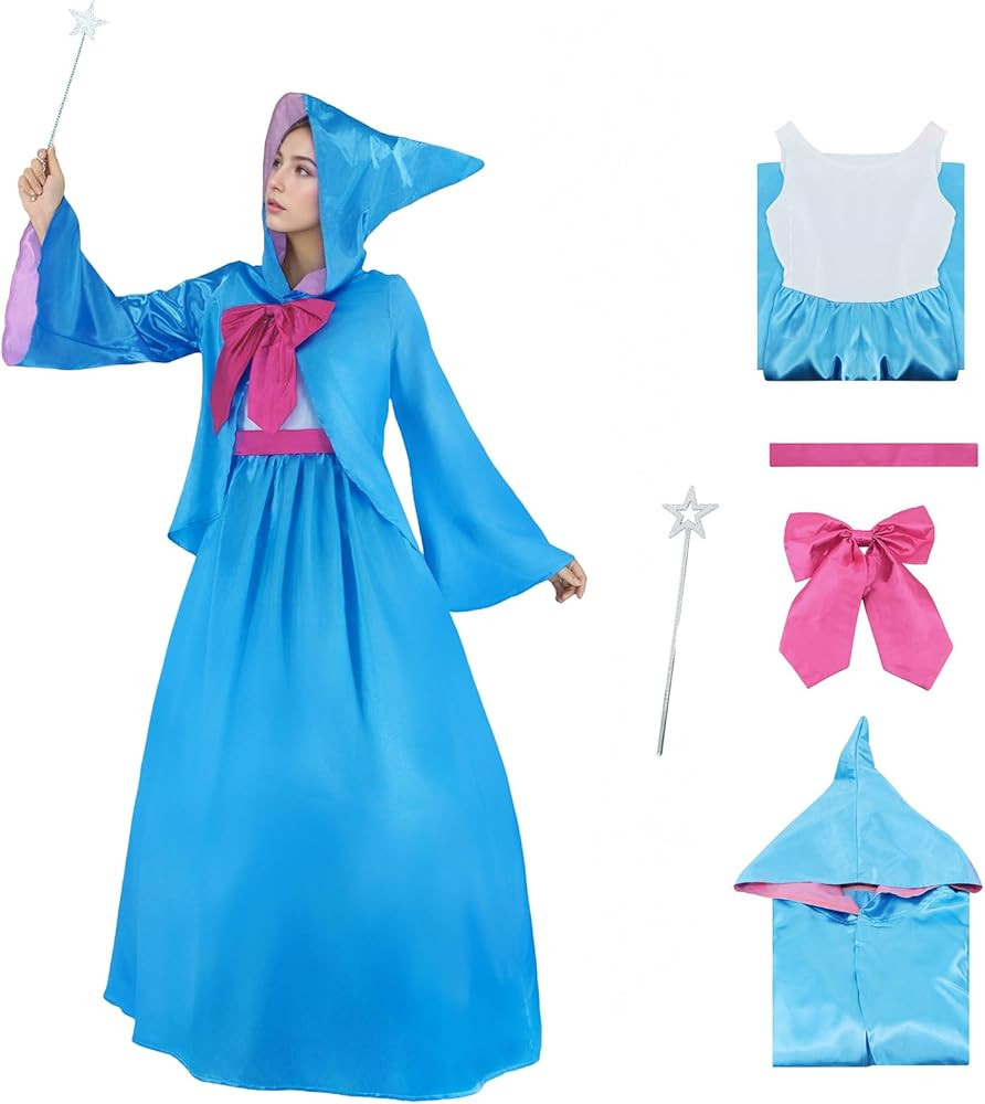 Fairy Cosplay Godmother Costume Women Hooded Cloak Cape Sleeveless Shirt Dress Magic Wand Bowtie ... | Amazon (US)