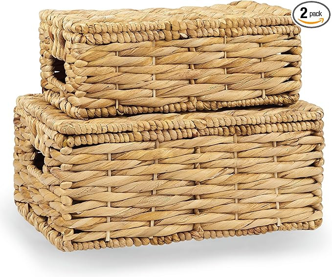 Set of 2 Wicker Baskets with Lid - Decorative Storage Boxes for Home Decor, Shelves - Woven Baske... | Amazon (US)