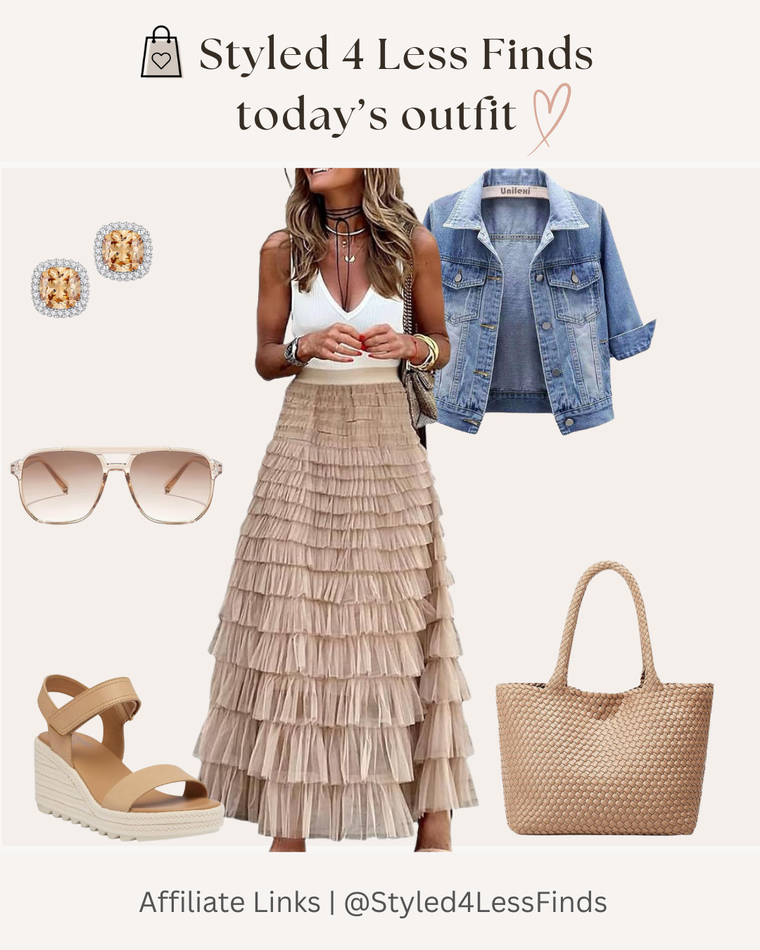 This look is the perfect mix of soft, feminine style and everyday comfort. The flowy tiered maxi skirt paired with a simple white tank creates an effortlessly elegant base, while the denim jacket keeps it casual and makes it easy to transition from day to evening. Finished with neutral wedges, a woven tote, and delicate accessories, it's a look you'll reach for all season long!

✨ Style Tip:
When wearing a statement skirt with lots of texture or volume, keep your top simple and fitted to balance the silhouette. Adding a denim jacket is an easy way to make a dressier skirt feel relaxed and wearable for everyday errands, brunch, or vacation. 

 #LTKcanada #LTKsummer #LTKover50style