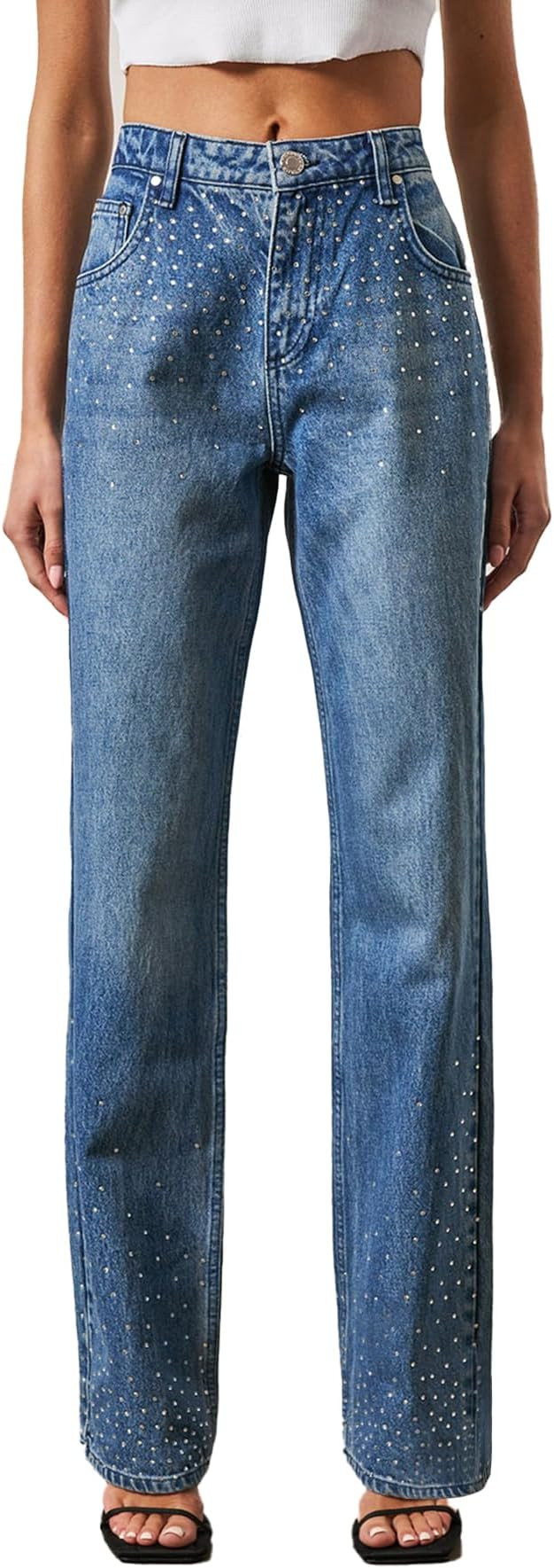 Kedera Womens High Waisted Rhinestone Jeans Straight Wide Leg Bling Denim Pants | Amazon (US)