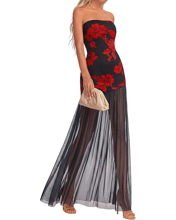 Wedding Guest Dresses for Women 2026 Summer Strapless Floral Maxi Slim Fit Mesh Flowy Cocktail Pr... | Amazon (US)